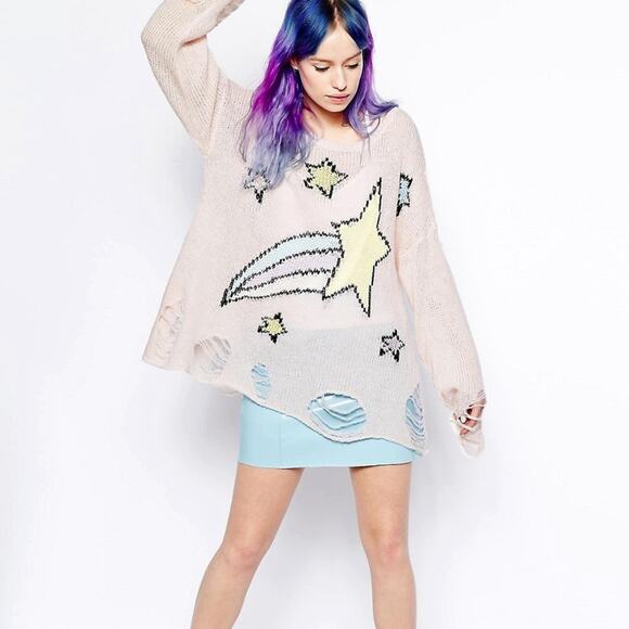 WILDFOX Womens Shooting Star Distressed Pink Knit Lennon Tunic Sweater Size XS - Picture 3 of 8